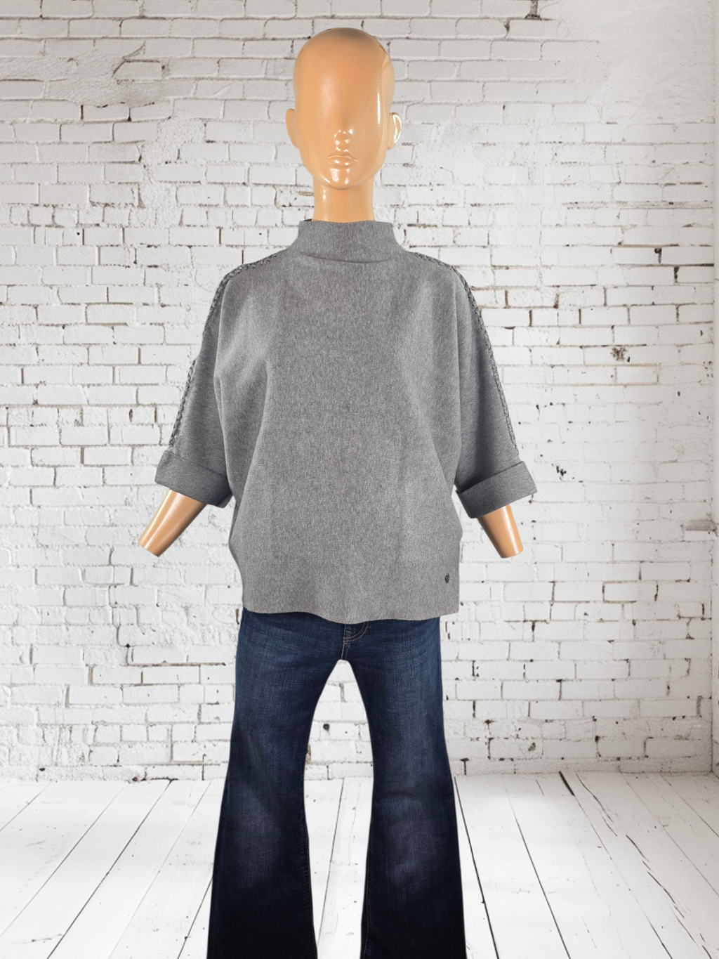 Women's Bat Sleeve Poncho Jumper - Cream Beige Black Grey with Decorative Braid