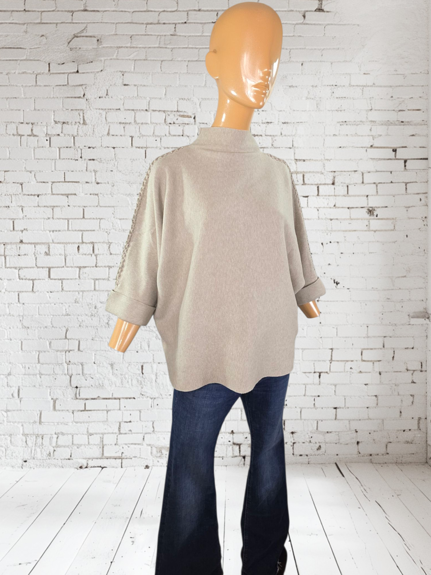 Women's Bat Sleeve Poncho Jumper - Cream Beige Black Grey with Decorative Braid