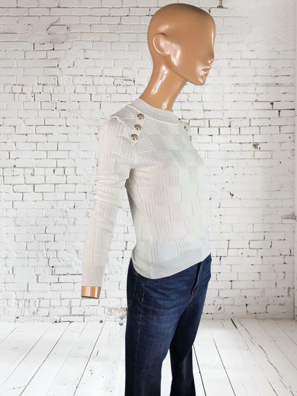 Womens Button-Shoulder Ribbed-Knit Fitted Top