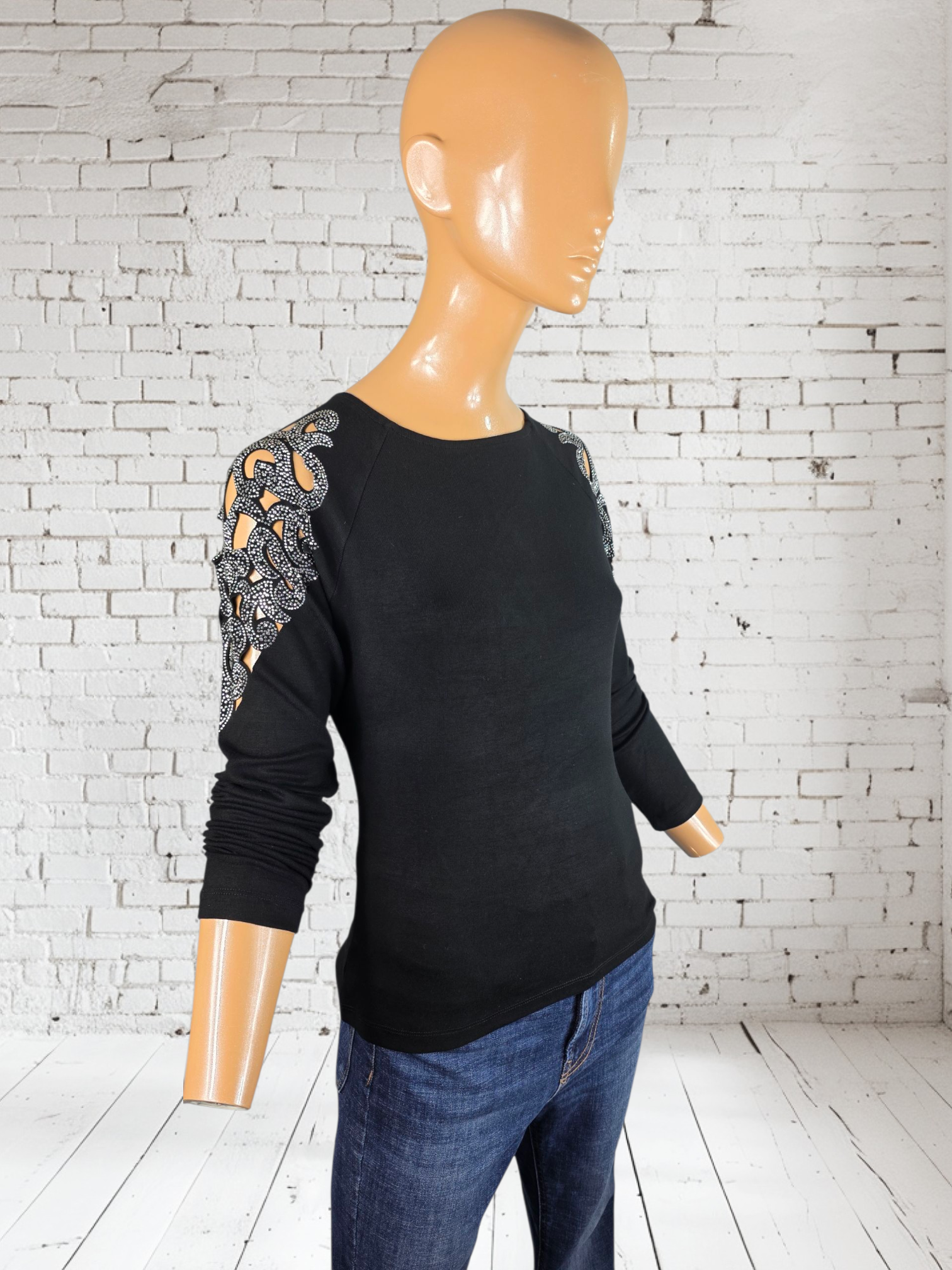 Womens Luxurious Evening Top Cut Out Sleeves with Shoulder Rhinestones Detailing