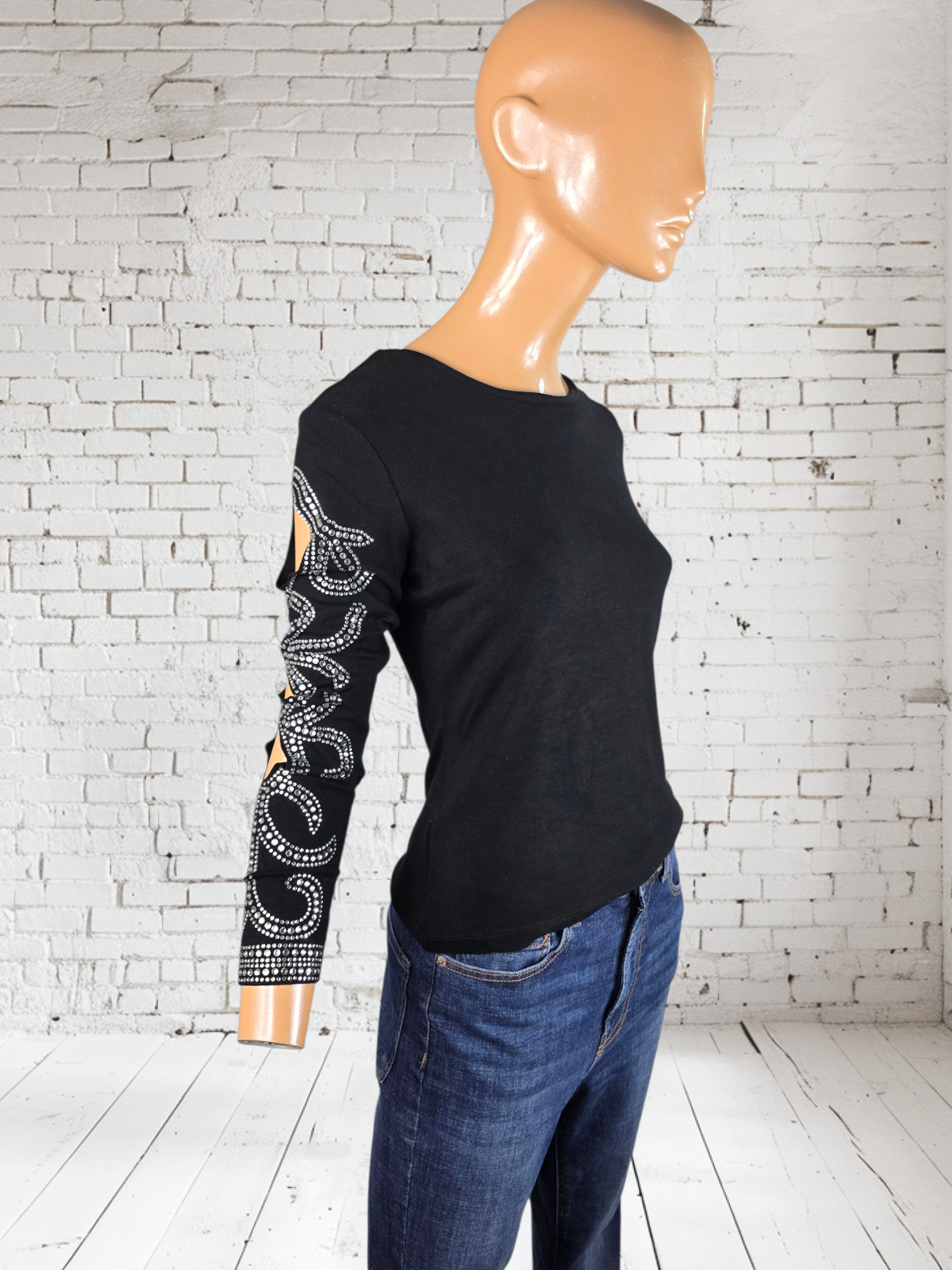 Womens Black Luxury Evening Top with Rhinestomes and Elegant Design