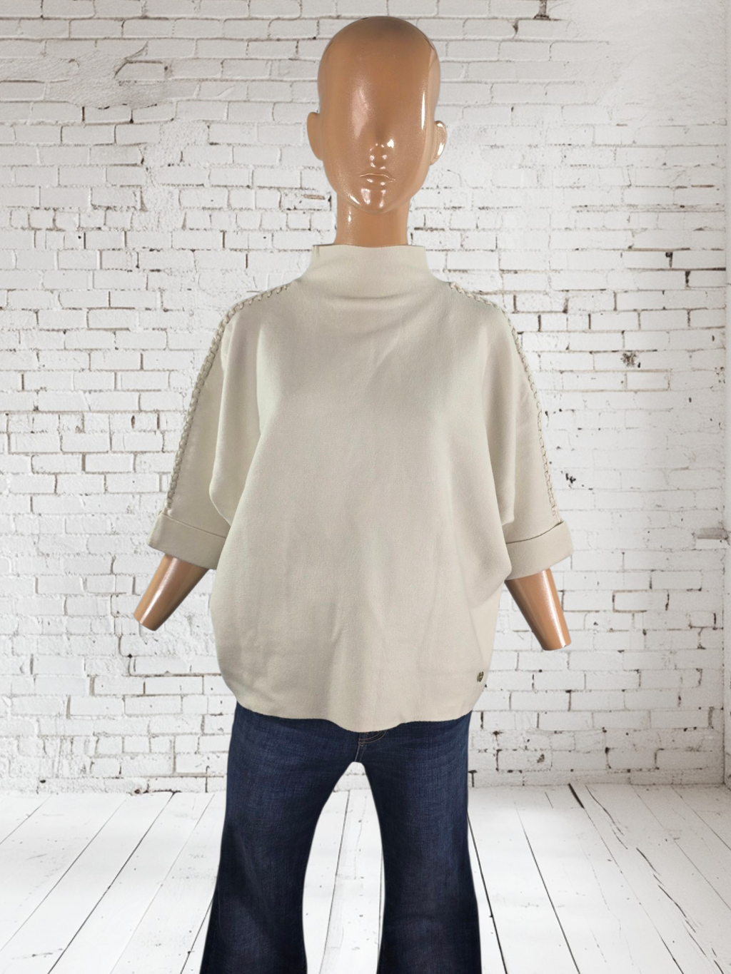 Women's Bat Sleeve Poncho Jumper - Cream Beige Black Grey with Decorative Braid