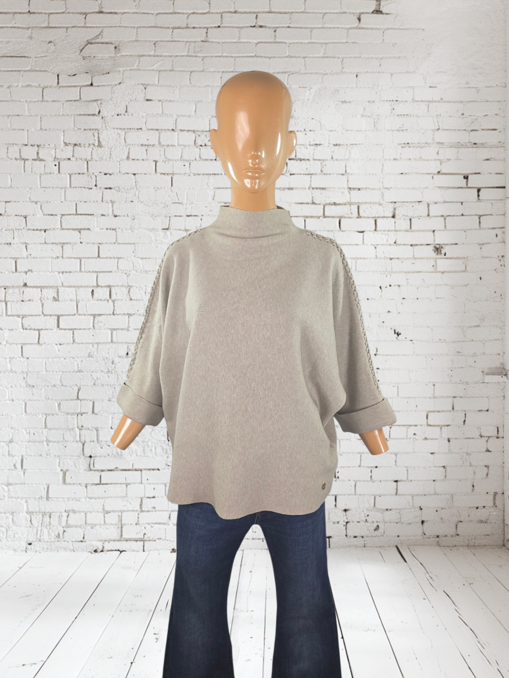 Women's Bat Sleeve Poncho Jumper - Cream Beige Black Grey with Decorative Braid