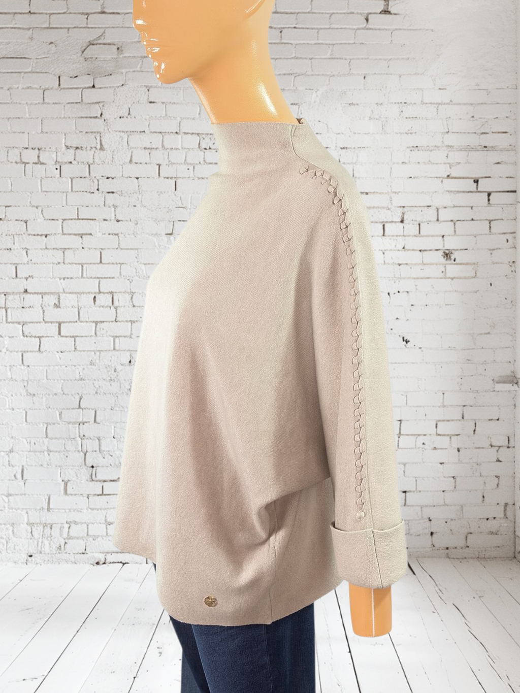 Women's Bat Sleeve Poncho Jumper - Cream Beige Black Grey with Decorative Braid