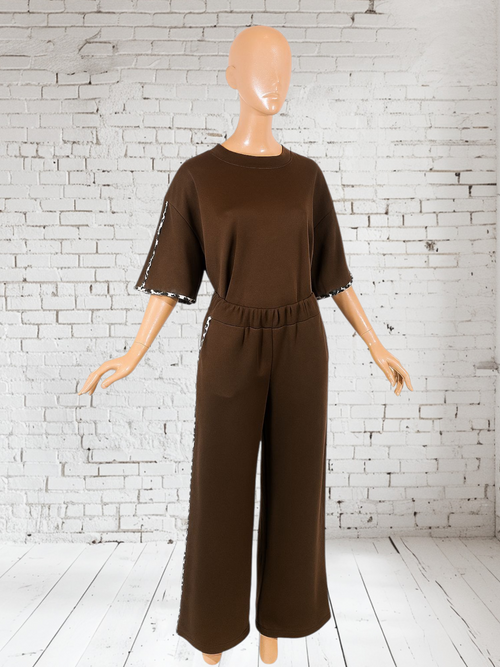 Women's 2-Piece Matching Loungewear Set - Short Sleeve Top & Wide Leg Pants with Leopard Trim