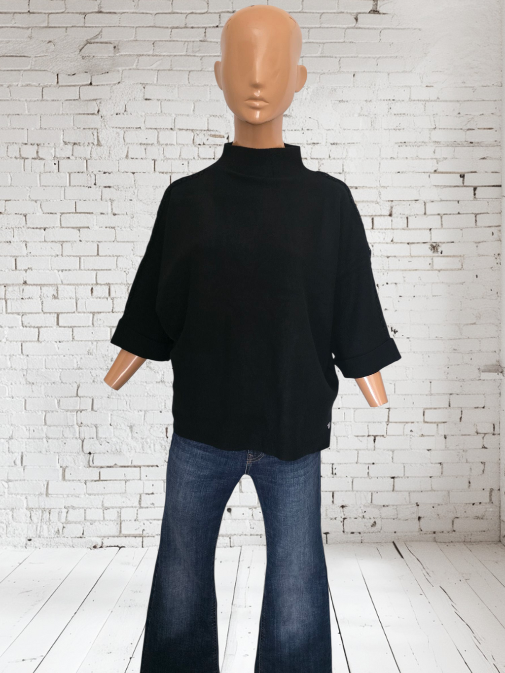 Women's Bat Sleeve Poncho Jumper - Cream Beige Black Grey with Decorative Braid